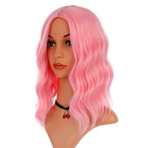 Pink Wig For Women Short Curly Wavy Bob Wig 14 Inch Shoulder Length Cosplay New